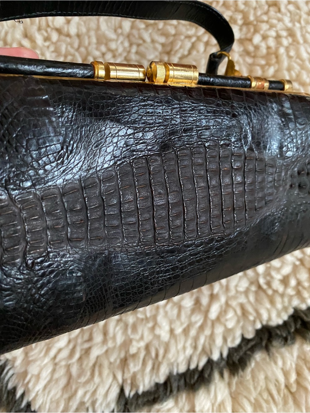 Black Crocodile Leather Top-Handle Bag with Gold Hardware vintage